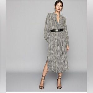 REISS  Mellie Neutral Bead Print Midi Dress geometric sz 6 side slit